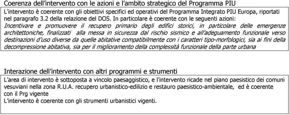 In particolare è coerente con le seguenti azioni: Incentivare e promuovere il recupero primario degli edifici storici, in particolare delle emergenze architettoniche, finalizzati alla messa in