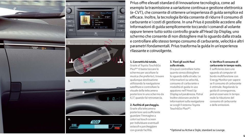 In una Prius è possibile accedere alle informazioni di guida semplicemente toccando i comandi al volante oppure tenere tutto sotto controllo grazie all Head Up Display, uno schermo che consente di