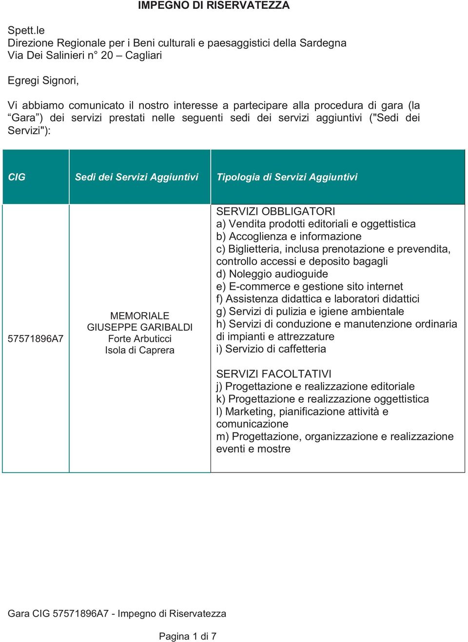 gara (la Gara ) dei servizi prestati nelle seguenti sedi dei servizi aggiuntivi ("Sedi dei Servizi"): CIG Sedi dei Servizi Aggiuntivi Tipologia di Servizi Aggiuntivi 57571896A7 MEMORIALE GIUSEPPE