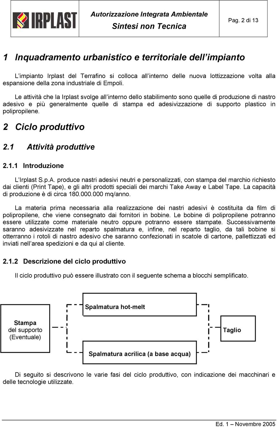 Le attività che la Irplast svolge all interno dello stabilimento sono quelle di produzione di nastro adesivo e più generalmente quelle di stampa ed adesivizzazione di supporto plastico in