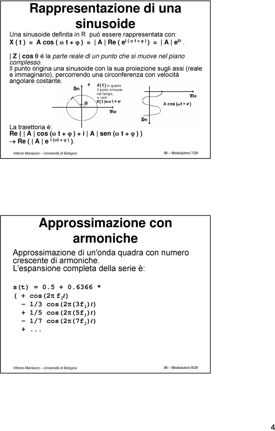 Il punto origina una sinusoide con la sua proiezione sugli assi (reale e immaginario), percorrendo una circonferenza con velocità angolare costante.