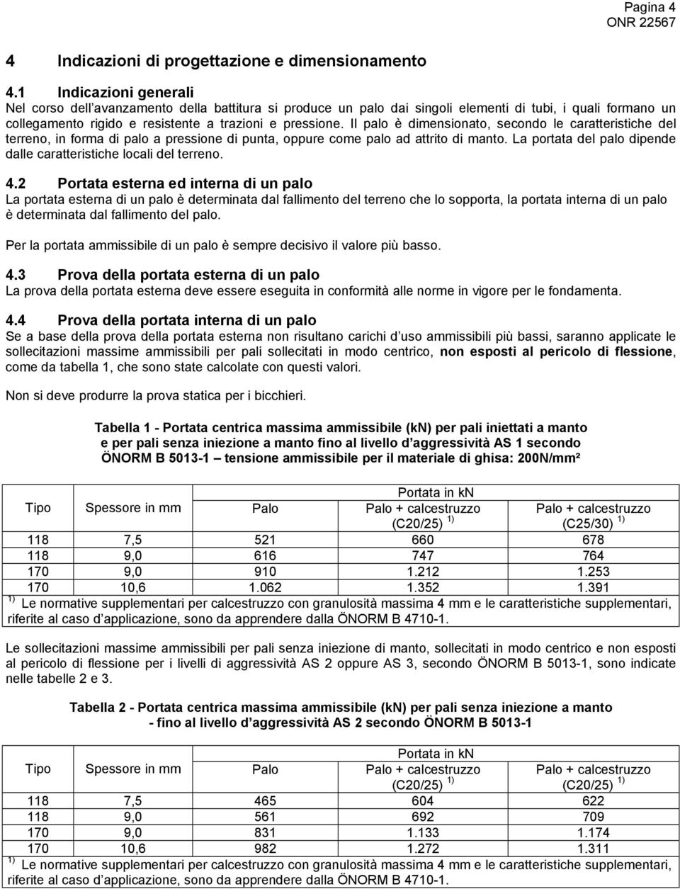 Il è dimensionato, secondo le caratteristiche del terreno, in forma di a pressione di punta, oppure come ad attrito di manto. La portata del dipende dalle caratteristiche locali del terreno. 4.