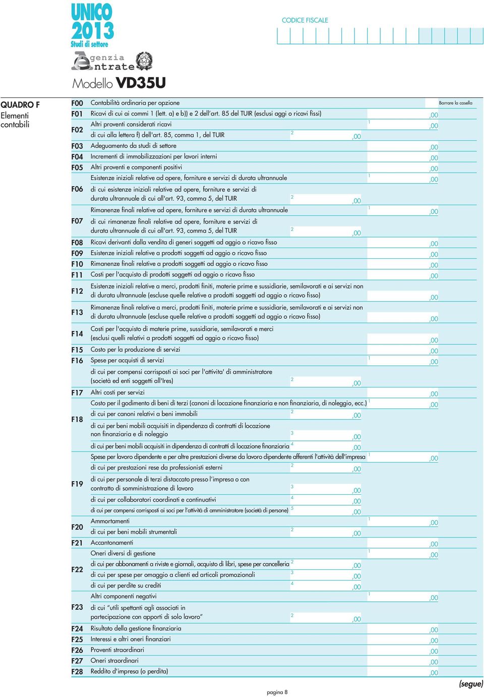 85, comma, del TUIR F03 Adeguamento da studi di settore F04 Incrementi di immobilizzazioni per lavori interni F05 Altri proventi e componenti positivi Esistenze iniziali relative ad opere, forniture