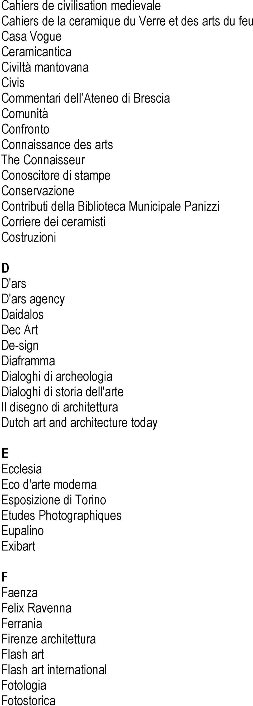 D'ars agency Daidalos Dec Art De-sign Diaframma Dialoghi di archeologia Dialoghi di storia dell'arte Il disegno di architettura Dutch art and architecture today E Ecclesia Eco