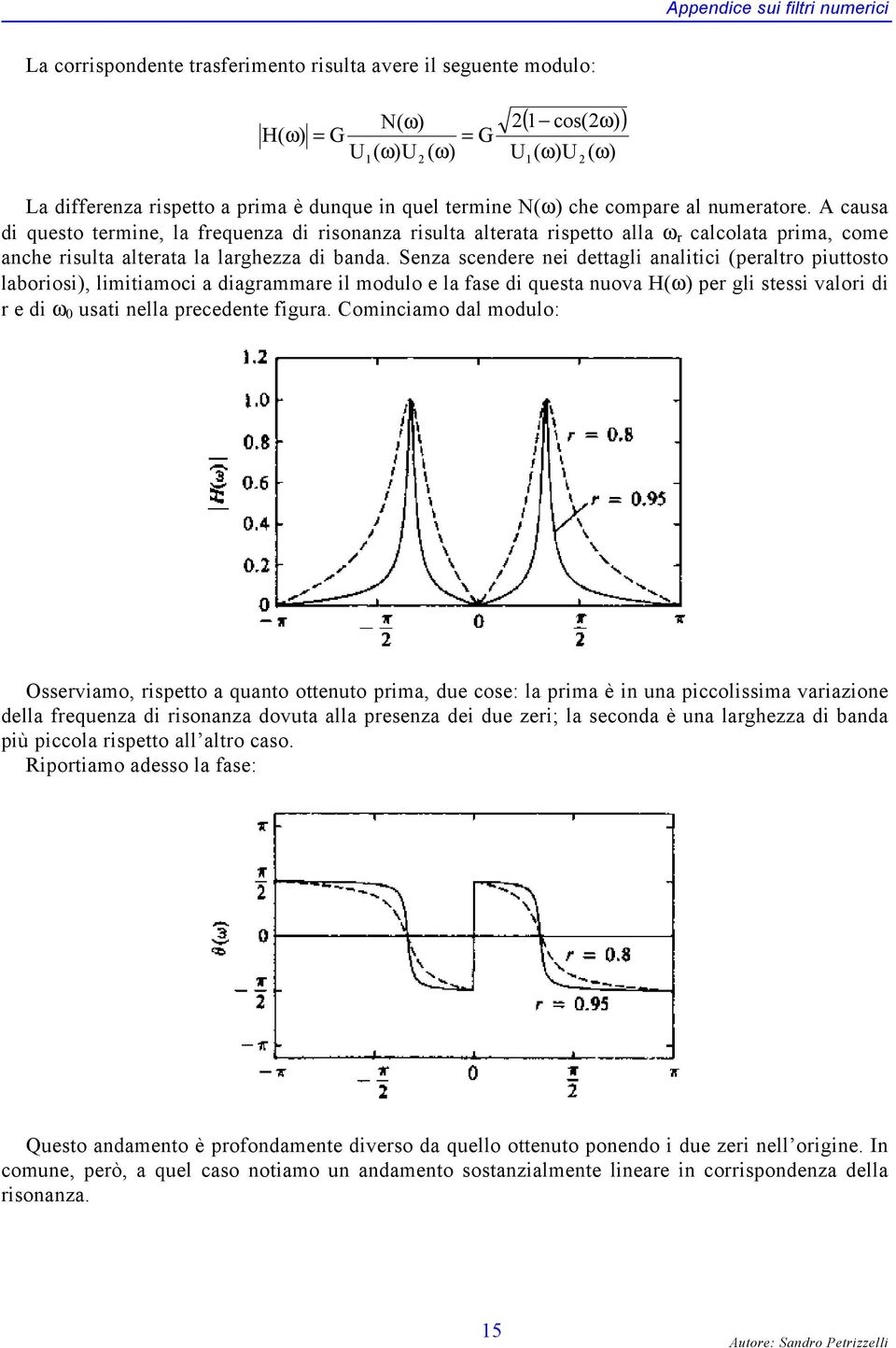 Senza scendere nei dettagli analitici (peraltro piuttosto laboriosi), limitiamoci a diagrammare il modulo e la fase di questa nuova H( per gli stessi valori di r e di ω usati nella precedente figura.