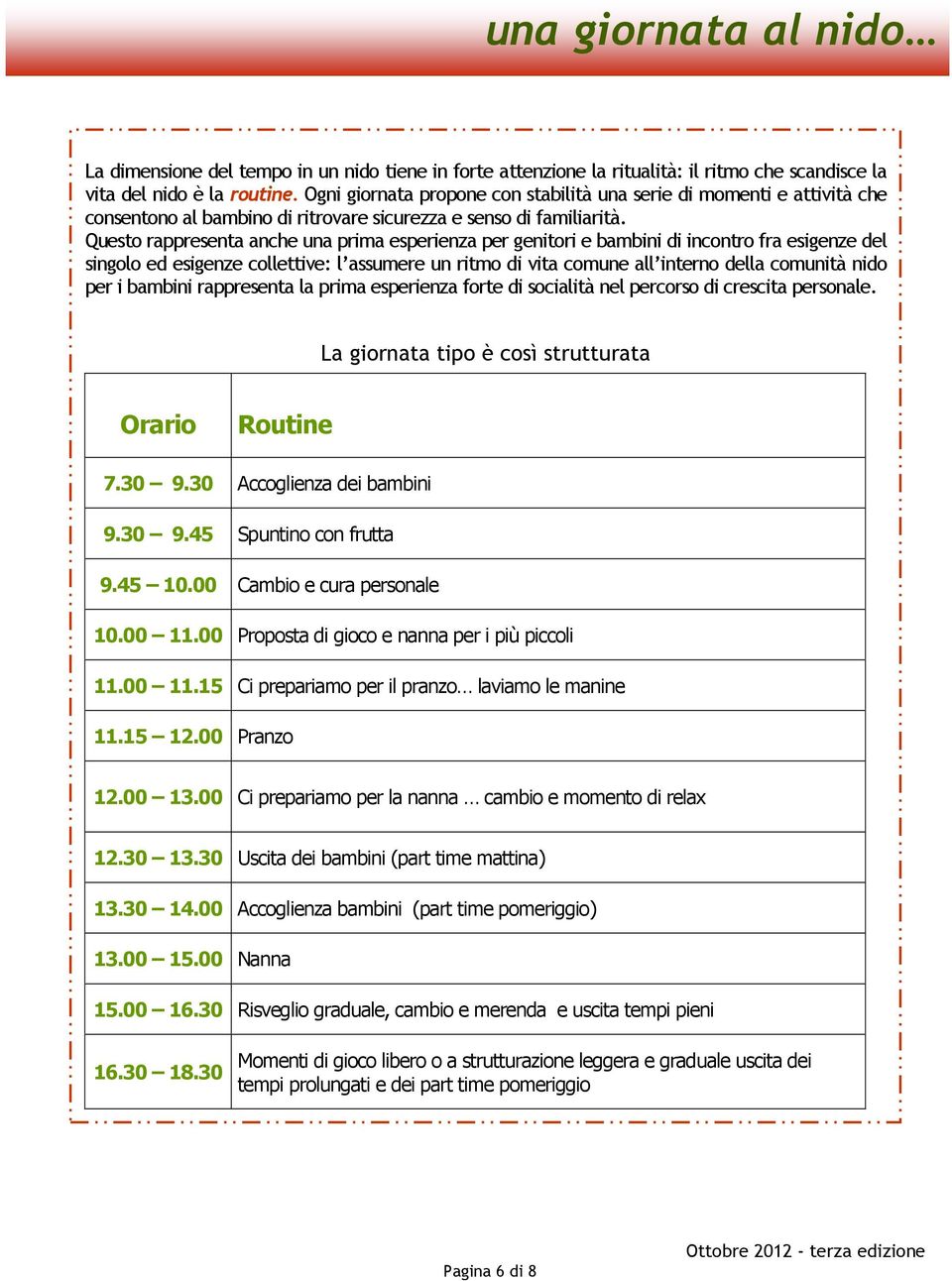 Questo rappresenta anche una prima esperienza per genitori e bambini di incontro fra esigenze del singolo ed esigenze collettive: l assumere un ritmo di vita comune all interno della comunità nido