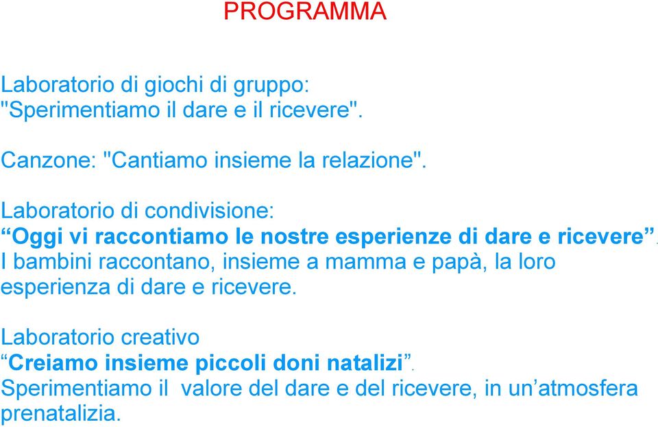 Laboratorio di condivisione: Oggi vi raccontiamo le nostre esperienze di dare e ricevere.