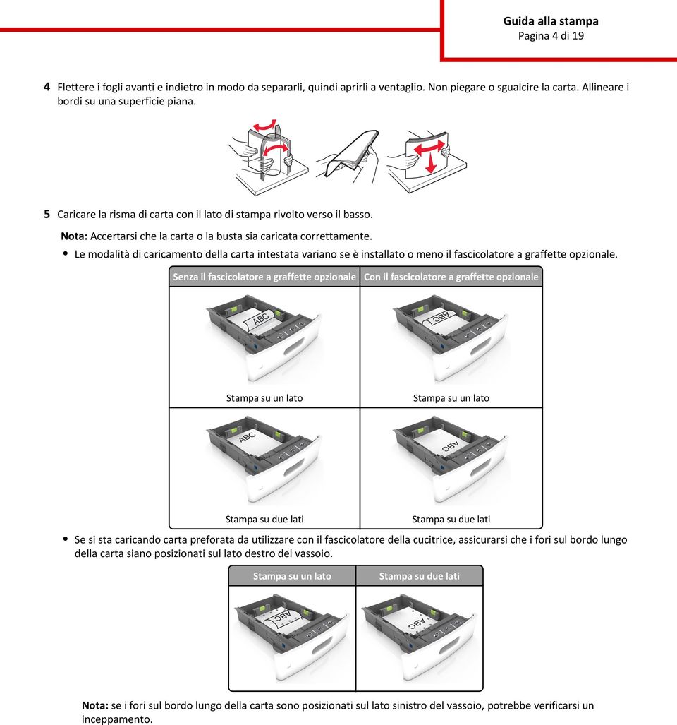 Le modalità di caricamento della carta intestata variano se è installato o meno il fascicolatore a graffette opzionale.