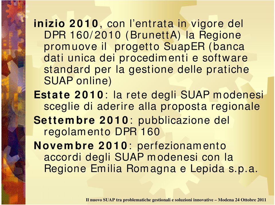 rete degli SUAP modenesi sceglie di aderire alla proposta regionale Settembre 2010: pubblicazione del