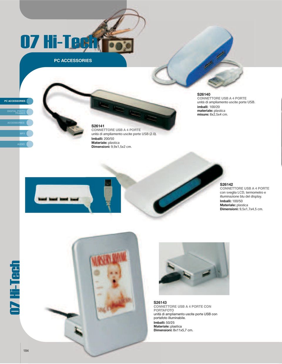 S26142 CONNETTORE USB A 4 PORTE con sveglia LCD, termometro e illuminazione blu del display. Dimensioni: 9,5x1,7x4,5 cm.