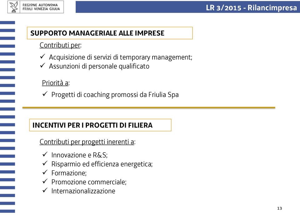 Friulia Spa INCENTIVI PER I PROGETTI DI FILIERA Contributi per progetti inerenti a: