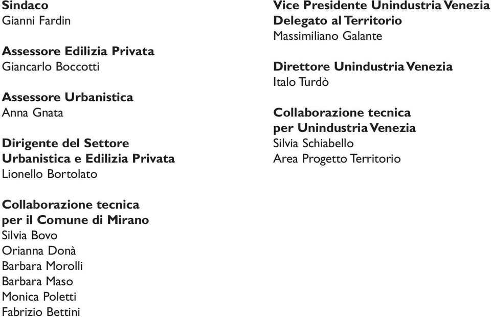 Direttore Unindustria Venezia Italo Turdò Collaborazione tecnica per Unindustria Venezia Silvia Schiabello Area Progetto