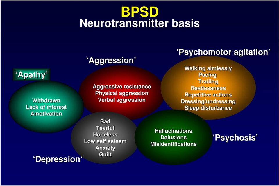 Anxiety Guilt Hallucinations Delusions Misidentifications Psychomotor agitation Walking