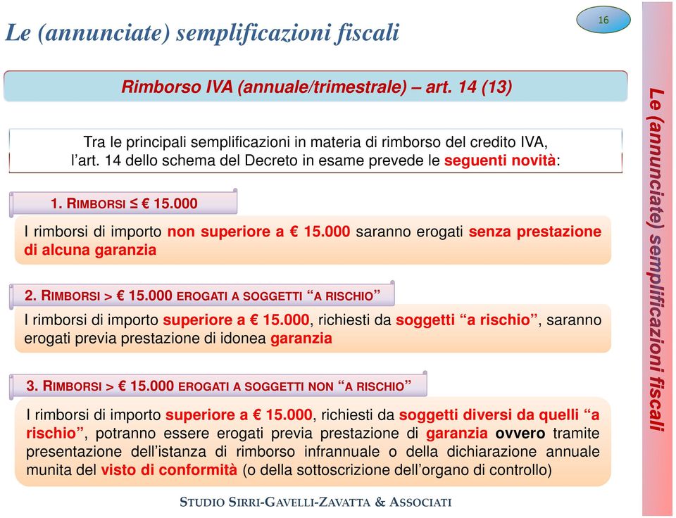 000 EROGATI A SOGGETTI A RISCHIO I rimborsi di importo superiore a 15.000, richiesti da soggetti a rischio, saranno erogati previa prestazione di idonea garanzia 3. RIMBORSI > 15.