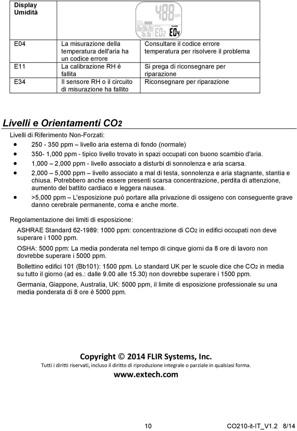 aria esterna di fondo (normale) 350-1,000 ppm - tipico livello trovato in spazi occupati con buono scambio d'aria. 1,000 2,000 ppm - livello associato a disturbi di sonnolenza e aria scarsa.