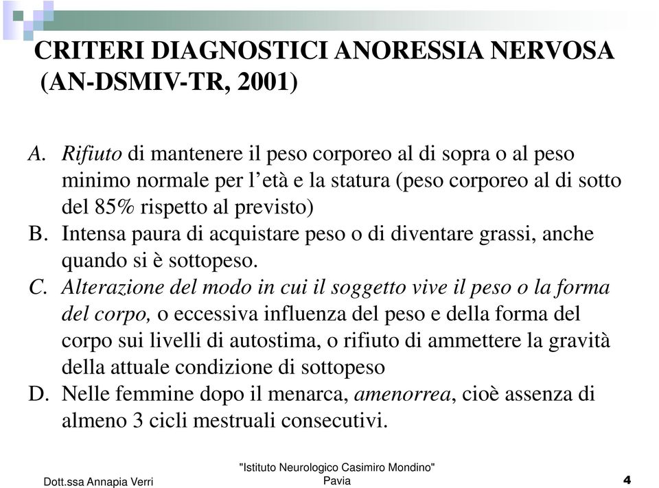 Intensa paura di acquistare peso o di diventare grassi, anche quando si è sottopeso. C.