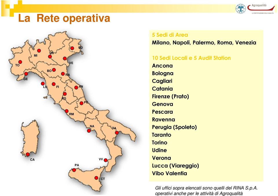 Pescara Ravenna Perugia (Spoleto) Taranto Torino Udine CA PA VV Verona Lucca (Viareggio) Vibo Valentia