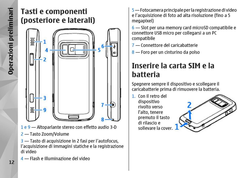 (fino a 5 megapixel) 6 Slot per una memory card microsd compatibile e connettore USB micro per collegarsi a un PC compatibile 7 Connettore del caricabatterie 8 Foro per un cinturino da polso Inserire