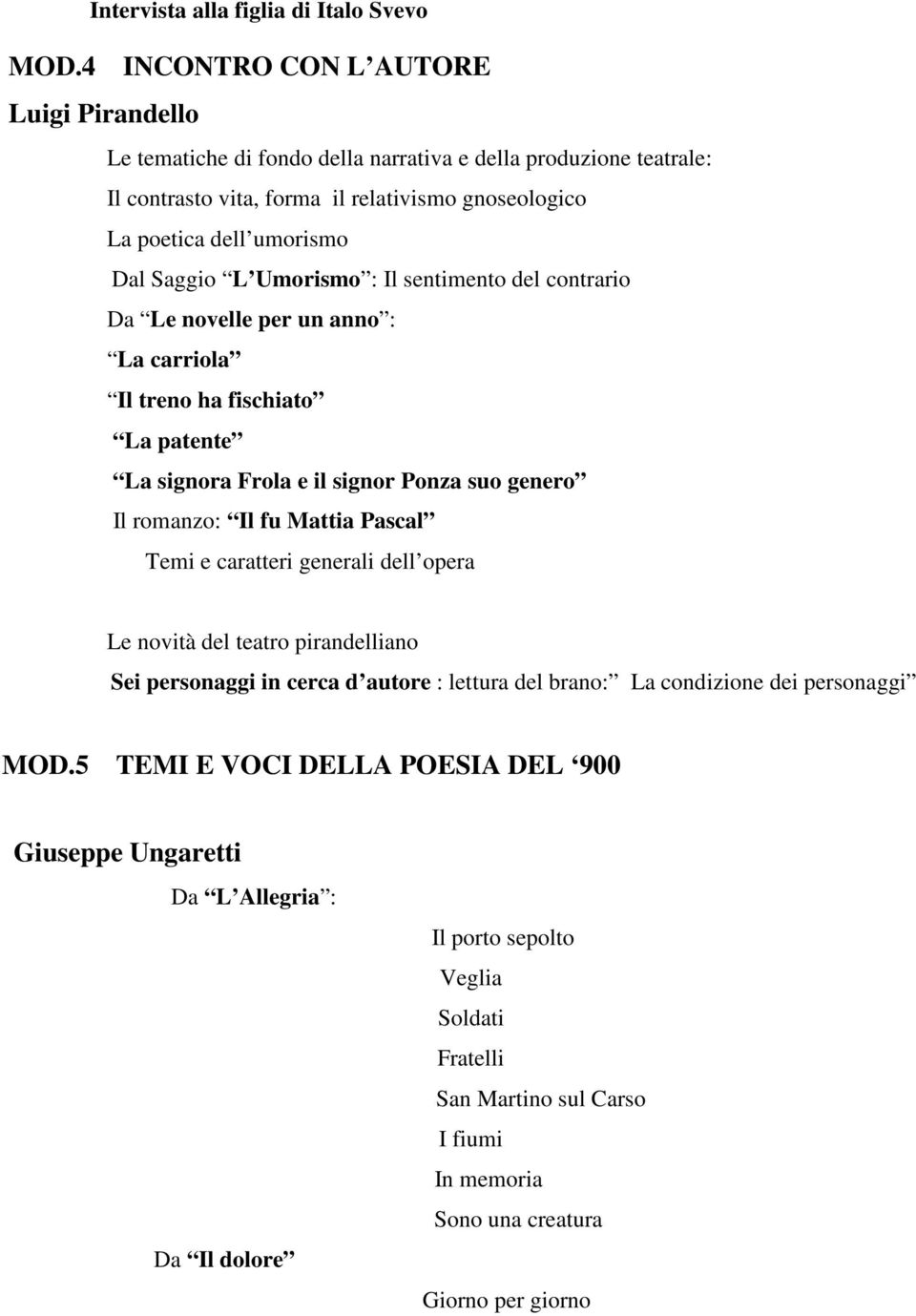 L Umorismo : Il sentimento del contrario Da Le novelle per un anno : La carriola Il treno ha fischiato La patente La signora Frola e il signor Ponza suo genero Il romanzo: Il fu Mattia Pascal Temi