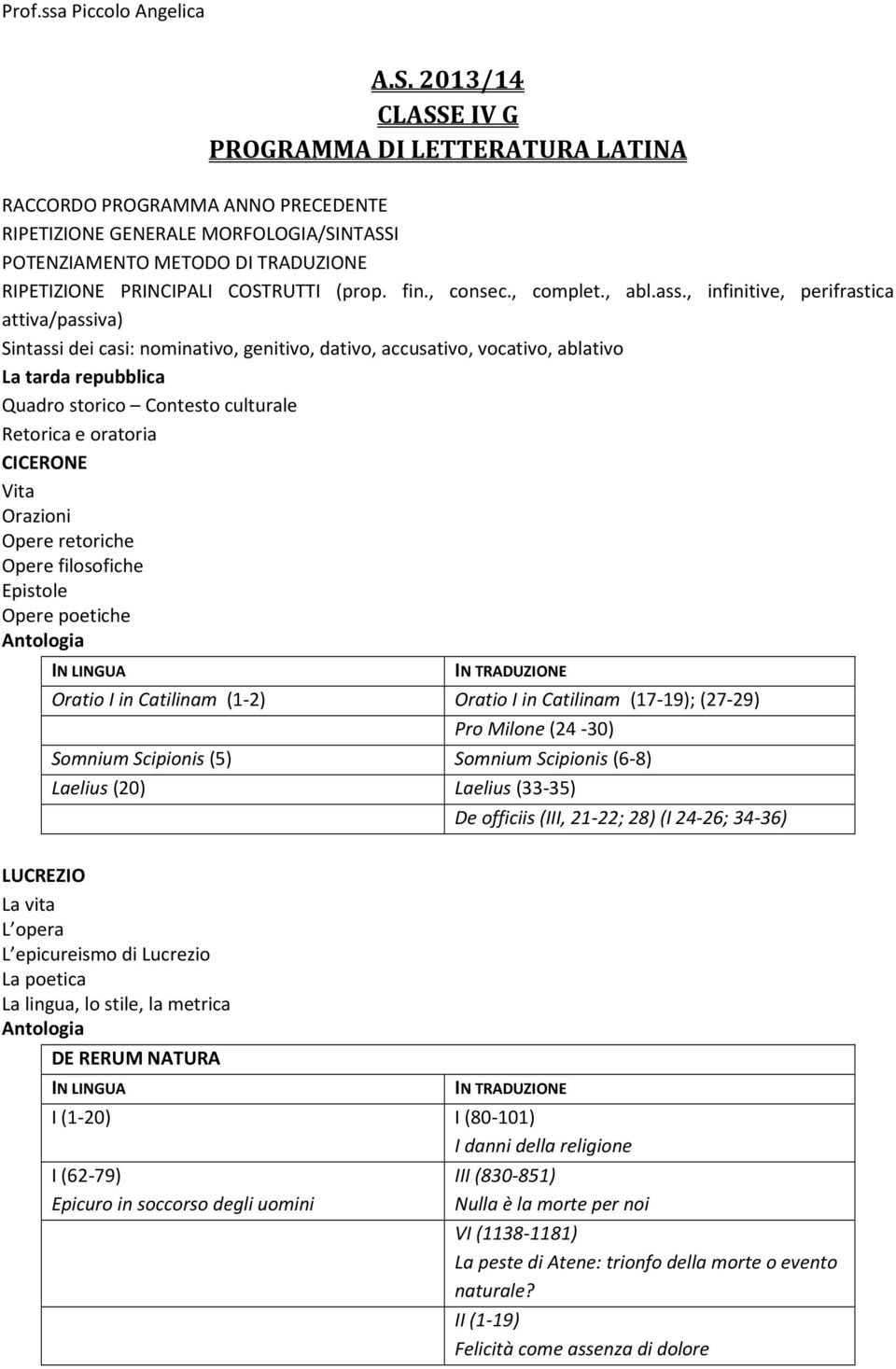 , infinitive, perifrastica attiva/passiva) Sintassi dei casi: nominativo, genitivo, dativo, accusativo, vocativo, ablativo La tarda repubblica Quadro storico Contesto culturale Retorica e oratoria