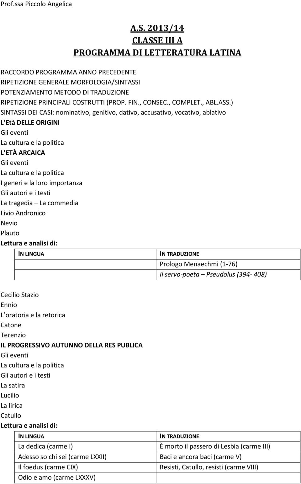 ) SINTASSI DEI CASI: nominativo, genitivo, dativo, accusativo, vocativo, ablativo L Età DELLE ORIGINI Gli eventi La cultura e la politica L ETÀ ARCAICA Gli eventi La cultura e la politica I generi e