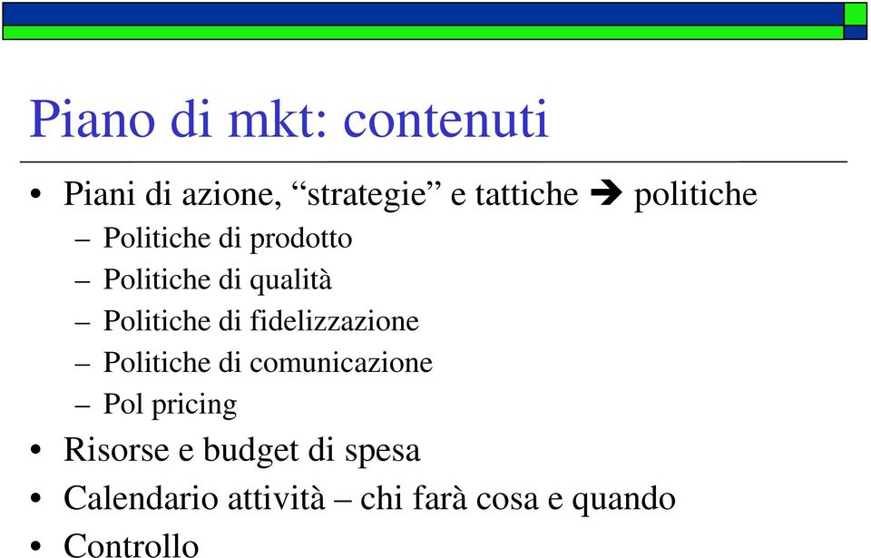 di fidelizzazione Politiche di comunicazione Pol pricing Risorse