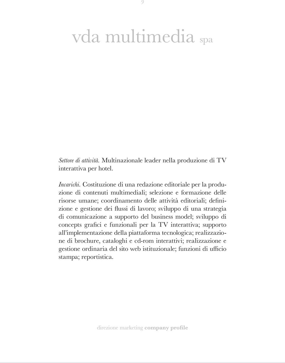 definizione e gestione dei flussi di lavoro; sviluppo di una strategia di comunicazione a supporto del business model; sviluppo di concepts grafici e funzionali per la TV