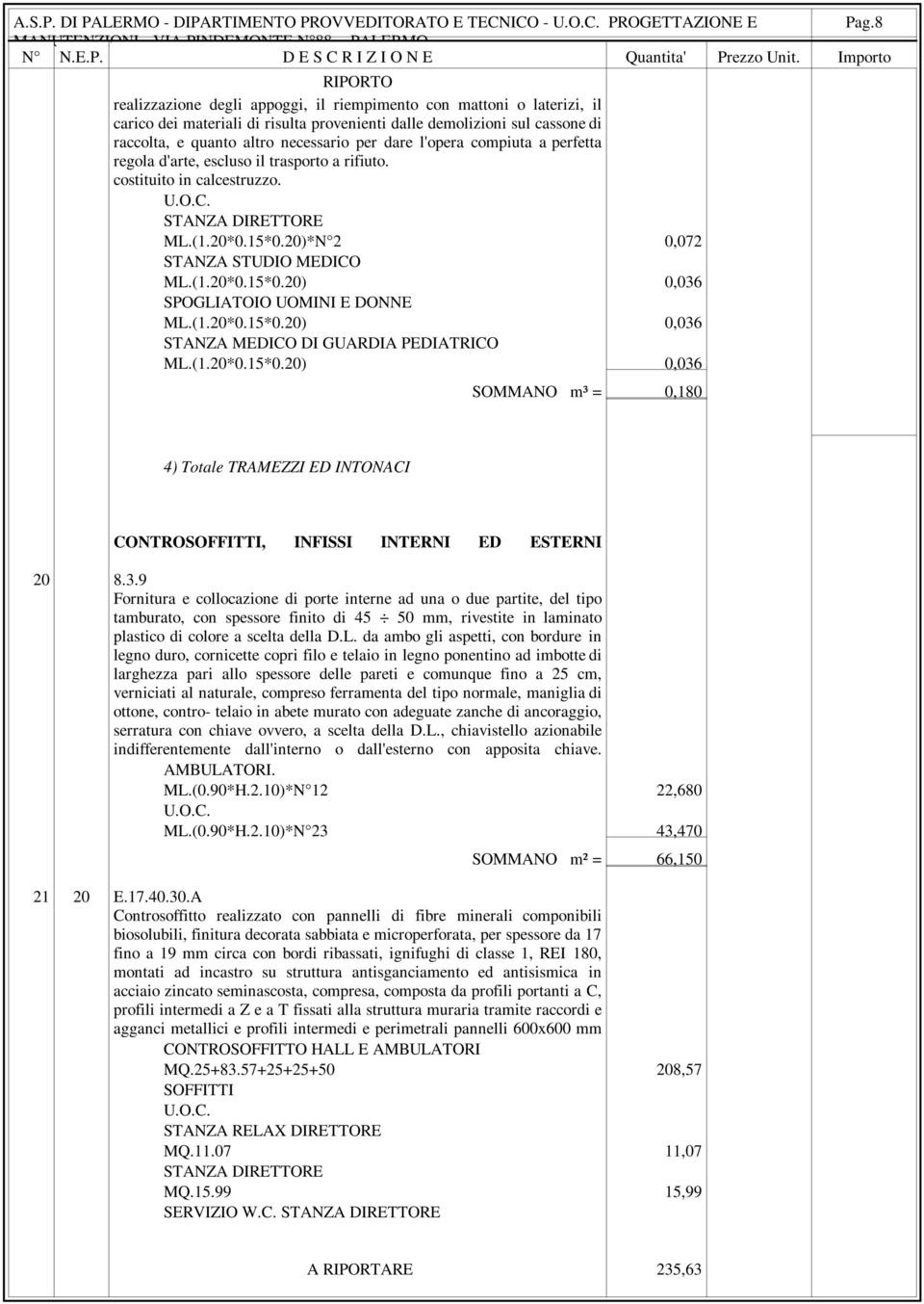 (1.20*0.15*0.20) 0,036 STANZA MEDICO DI GUARDIA PEDIATRICO ML.(1.20*0.15*0.20) 0,036 SOMMANO m³ = 0,180 4) Totale TRAMEZZI ED INTONACI CONTROSOFFITTI, INFISSI INTERNI ED ESTERNI 20 8.3.9 Fornitura e collocazione di porte interne ad una o due partite, del tipo tamburato, con spessore finito di 45 50 mm, rivestite in laminato plastico di colore a scelta della D.