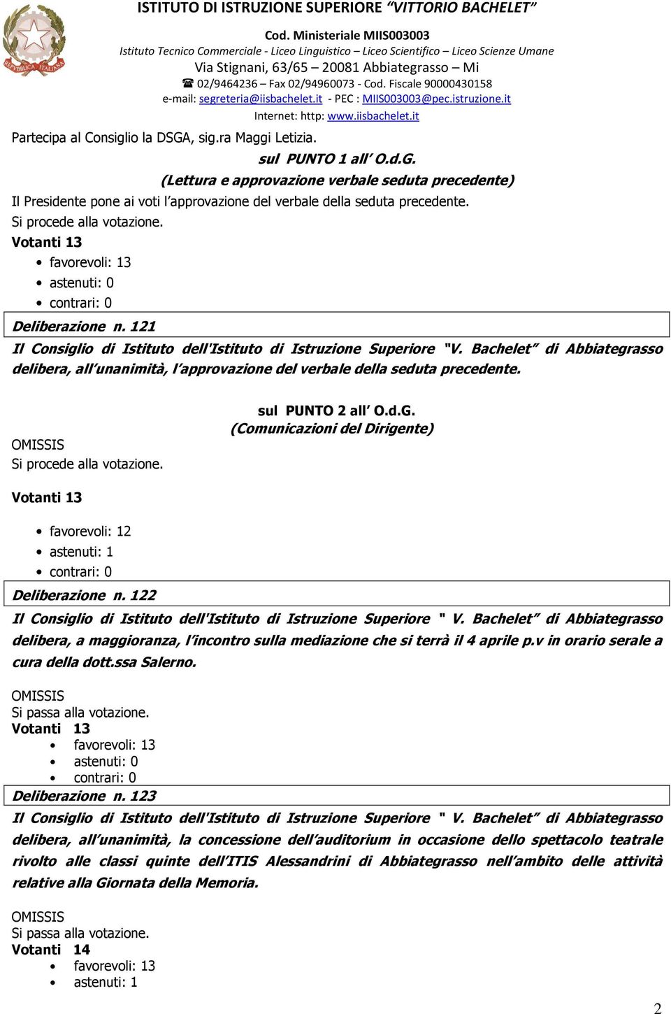 Bachelet di Abbiategrasso delibera, all unanimità, l approvazione del verbale della seduta precedente. Si procede alla votazione. sul PUNTO 2 all O.d.G.