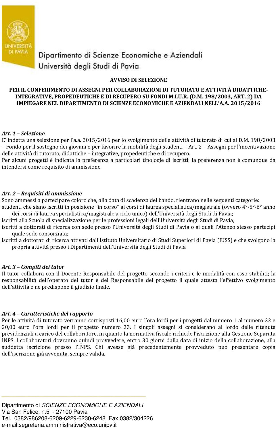 M. 198/2003 Fondo per il sostegno dei giovani e per favorire la mobilità degli studenti Art.