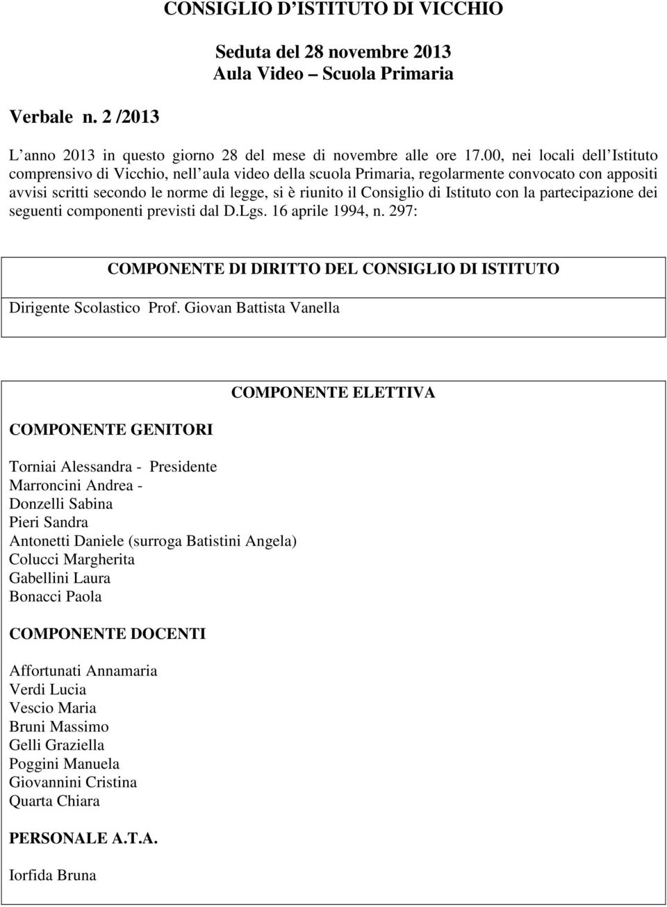 Istituto con la partecipazione dei seguenti componenti previsti dal D.Lgs. 16 aprile 1994, n. 297: COMPONENTE DI DIRITTO DEL CONSIGLIO DI ISTITUTO Dirigente Scolastico Prof.