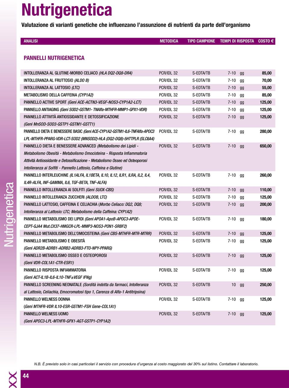 DELLA CAFFEINA (CYP1A2) PCR/IDL 32 S-EDTA/TB 7-10 gg 85,00 PANNELLO ACTIVE SPORT (Geni ACE-ACTN3-VEGF-NOS3-CYP1A2-LCT) PCR/IDL 32 S-EDTA/TB 7-10 gg 125,00 PANNELLO ANTIAGING (Geni SOD2-GSTM1-