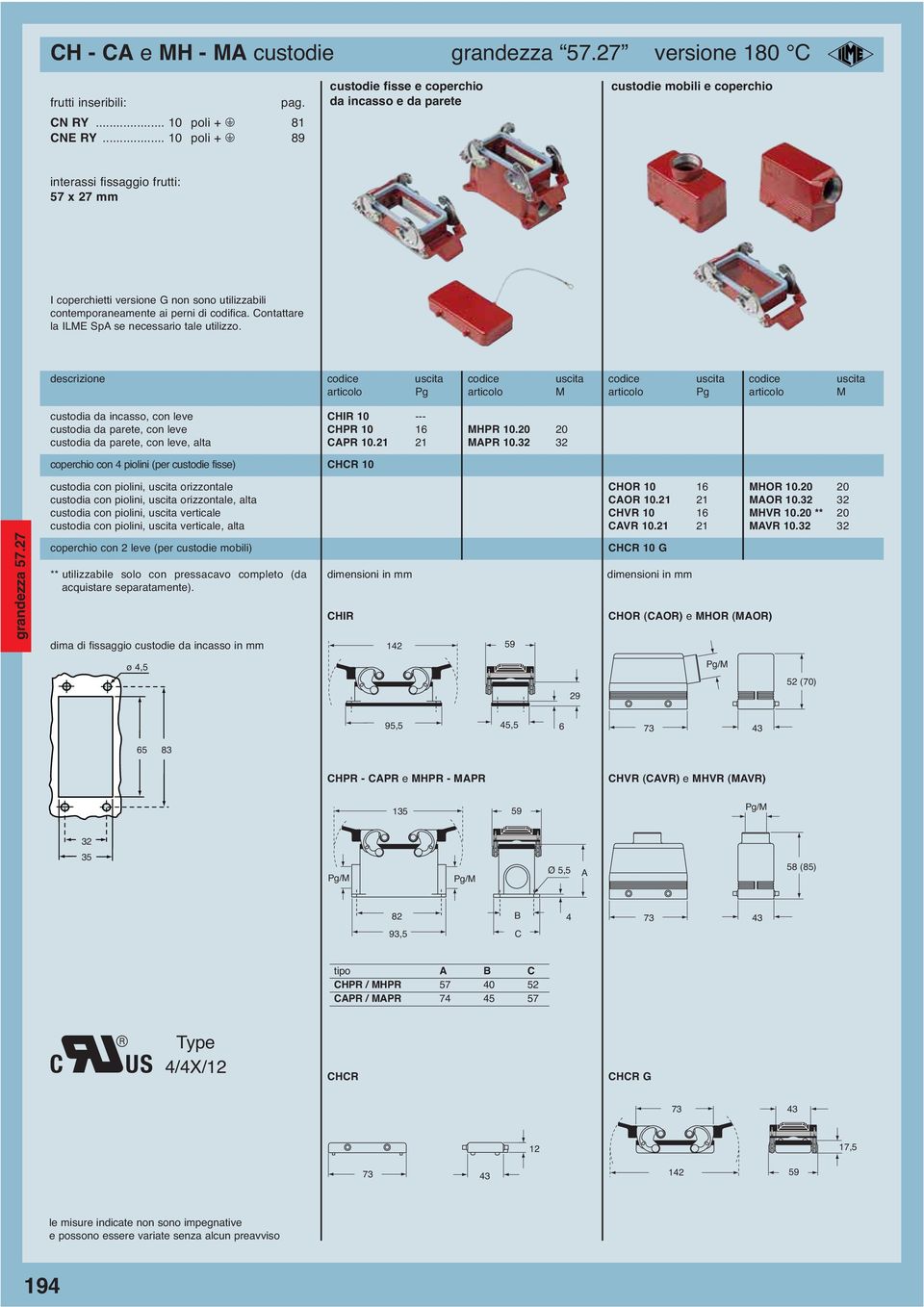 ontattare la ILME Sp se necessario tale utilizzo. custodia da incasso, con leve HIR 10 --- custodia da parete, con leve HPR 10 16 MHPR 10.20 20 custodia da parete, con leve, alta PR 10.21 21 MPR 10.