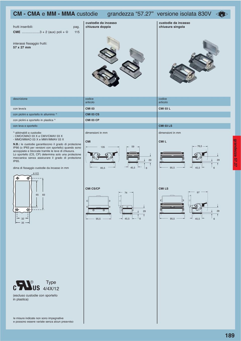 sportello in plastica 1) MI 03 S MI 03 P con leva e sportello MI 03 LS 1) - MO/MO 03 X e MV/MV 03 X - MMO/MMO 03 X e MMV/MMV 03 X N.