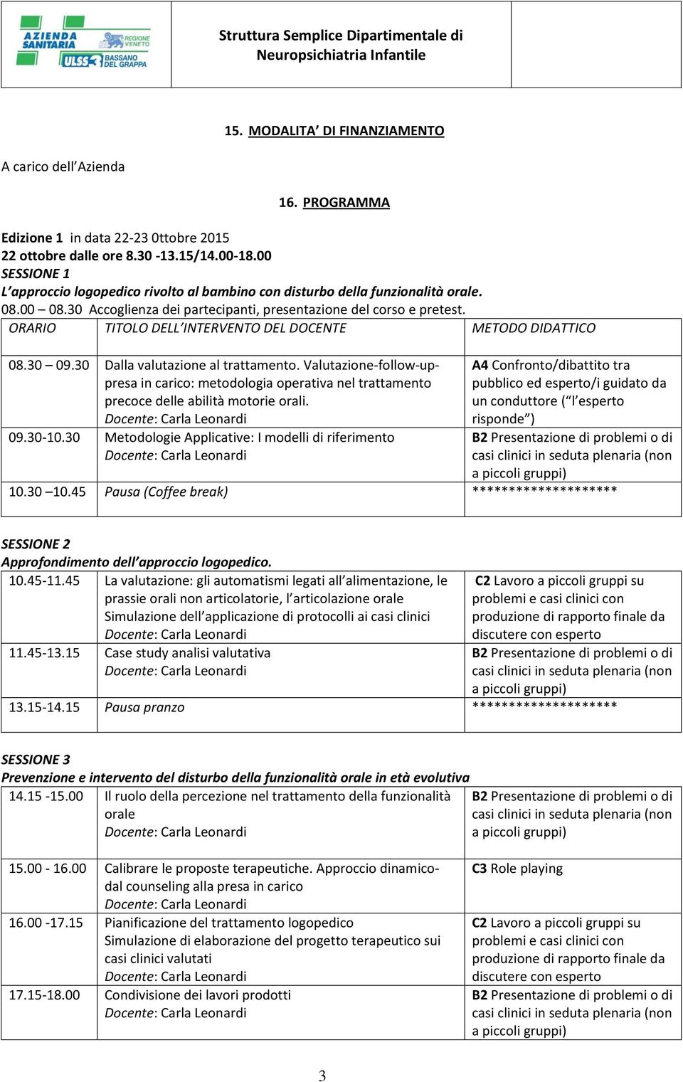 ORARIO TITOLO DELL INTERVENTO DEL DOCENTE METODO DIDATTICO 08.30 09.30 Dalla valutazione al trattamento.