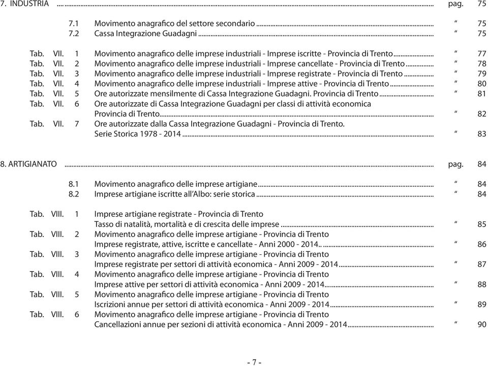 .. 78 Tab. VII. 3 Movimento anagrafico delle imprese industriali - Imprese registrate - Provincia di Trento... 79 Tab. VII. 4 Movimento anagrafico delle imprese industriali - Imprese attive - Provincia di Trento.