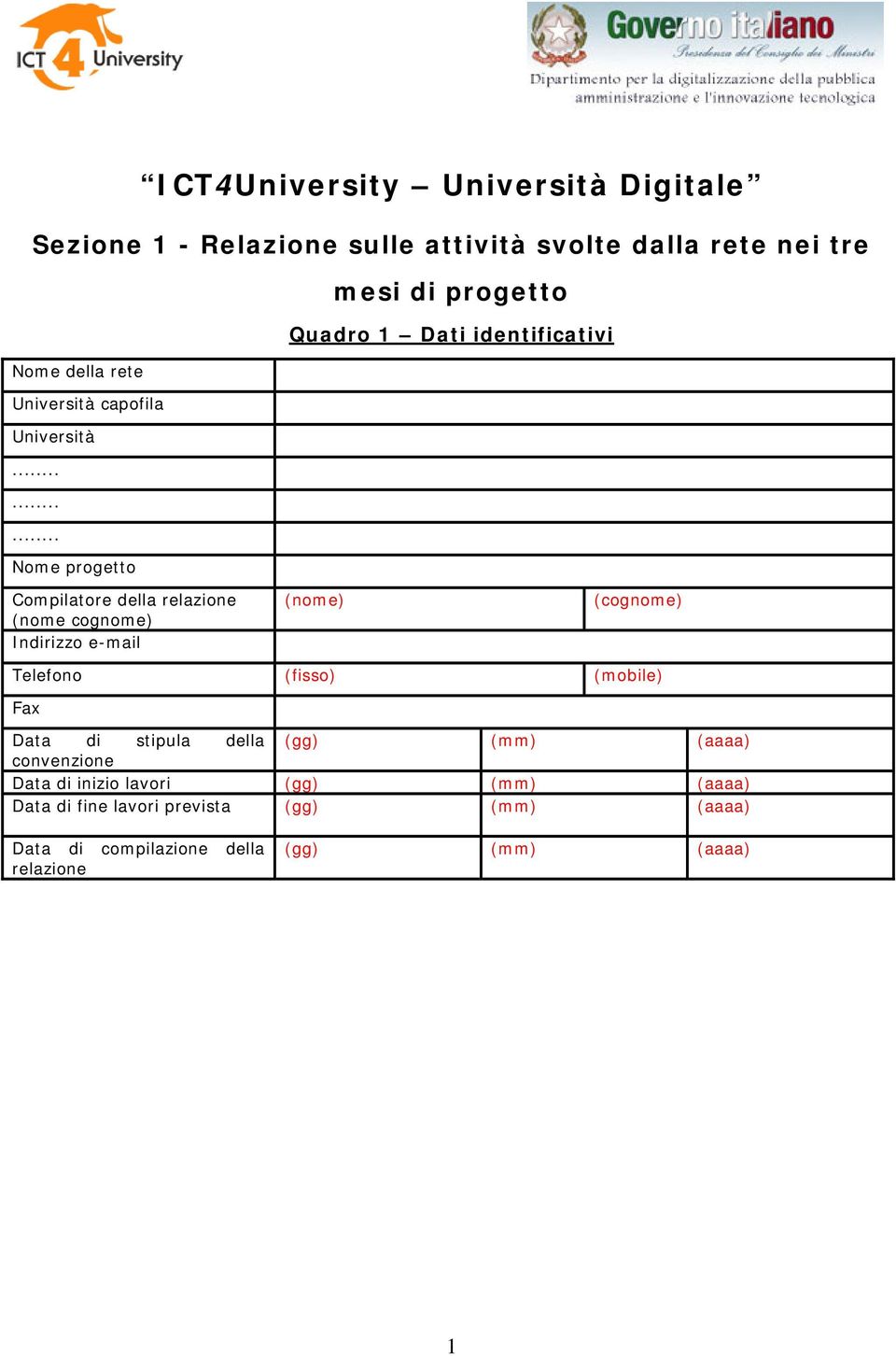 ........ Nome progetto Compilatore della relazione (nome cognome) Indirizzo e-mail (nome) (cognome) Telefono (fisso) (mobile)