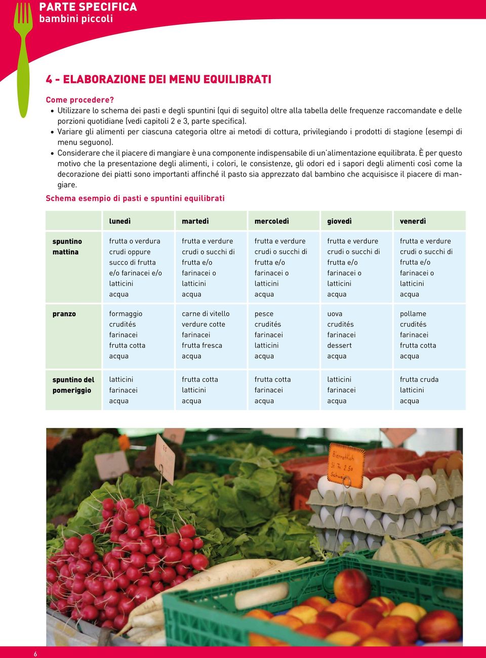 Variare gli alimenti per ciascuna categoria oltre ai metodi di cottura, privilegiando i prodotti di stagione (esempi di menu seguono).