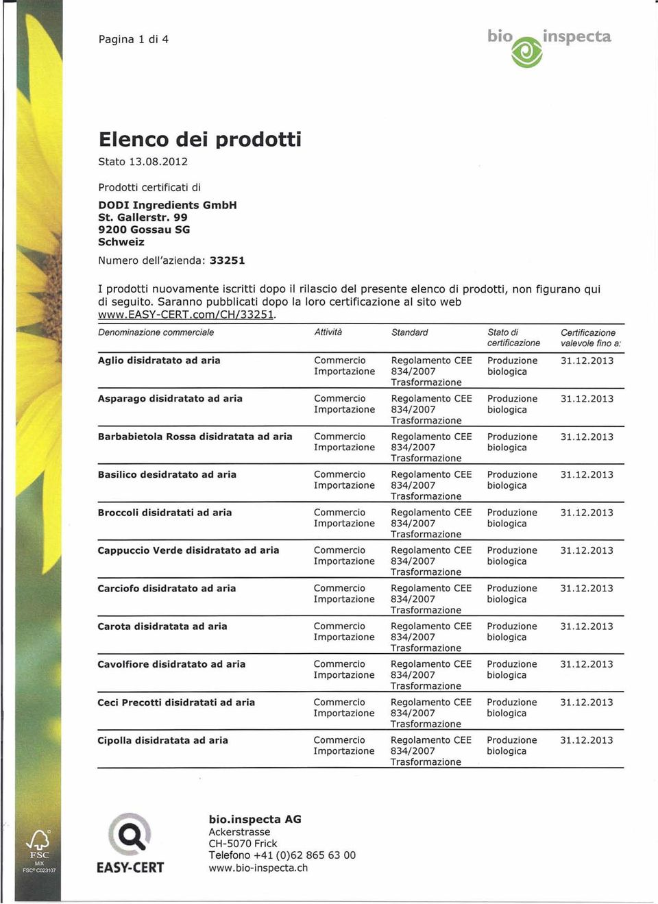 12.2013 Carciofo disidratato ad aria Commercio Regolamento CEE Produzione 31.12.2013 Carota disidratata ad aria Commercio Regolamento CEE Produzione 31.12.2013 Cavolfiore disidratato ad aria Commercio Regolamento CEE Produzione 31.