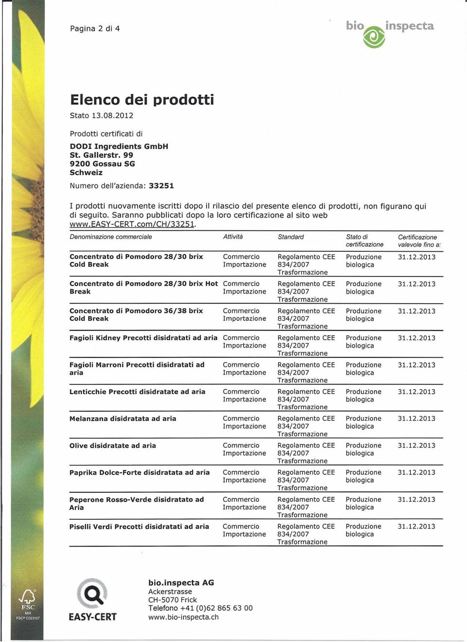 12.2013 Fagioli Marroni Precotti disidratati ad Commercio Regolamento CEE Produzione 31.12.2013 aria Lenticchie Precotti disidratate ad aria Commercio Regolamento CEE Produzione 31.12.2013 Melanzana disidratata ad aria Commercio Regolamento CEE Produzione 31.