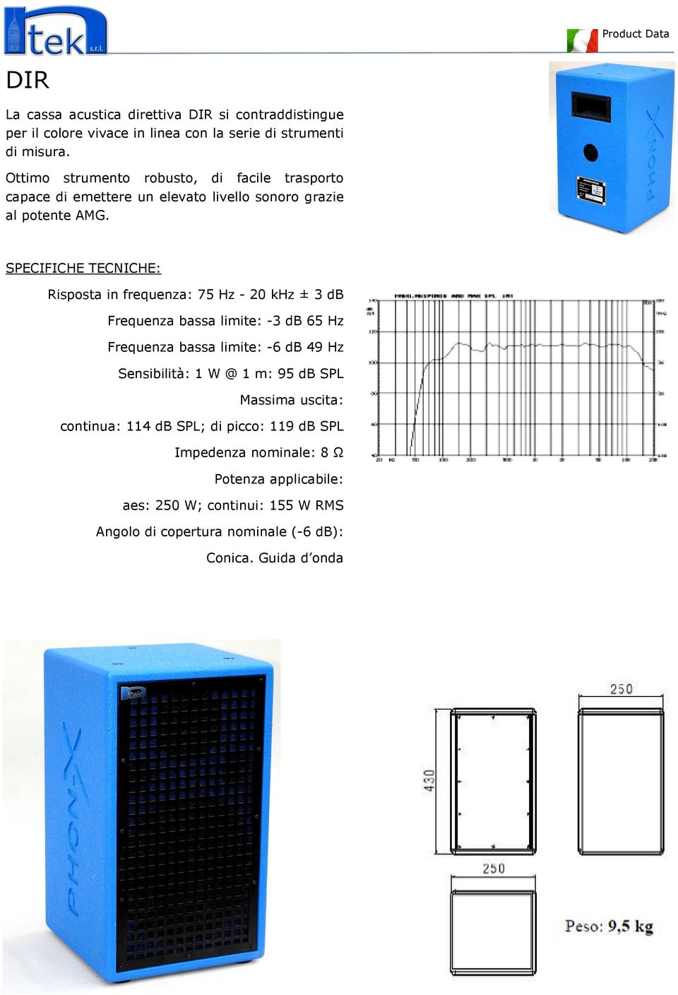 SPECIFICHE TECNICHE: Risposta in frequenza: 75 Hz - 20 khz ± 3 db Frequenza bassa limite: -3 db 65 Hz Frequenza bassa limite: -6 db 49 Hz Sensibilità: