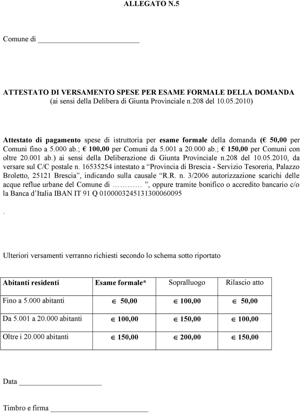 ) ai sensi della Deliberazione di Giunta Provinciale n.208 del 10.05.2010, da versare sul C/C postale n.