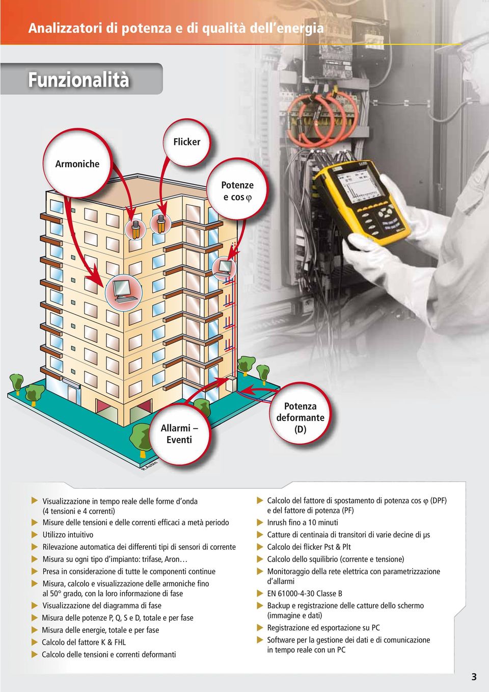 differenti tipi di sensori di corrente Misura su ogni tipo d impianto: trifase, Aron Presa in considerazione di tutte le componenti continue Misura, calcolo e visualizzazione delle armoniche fino al