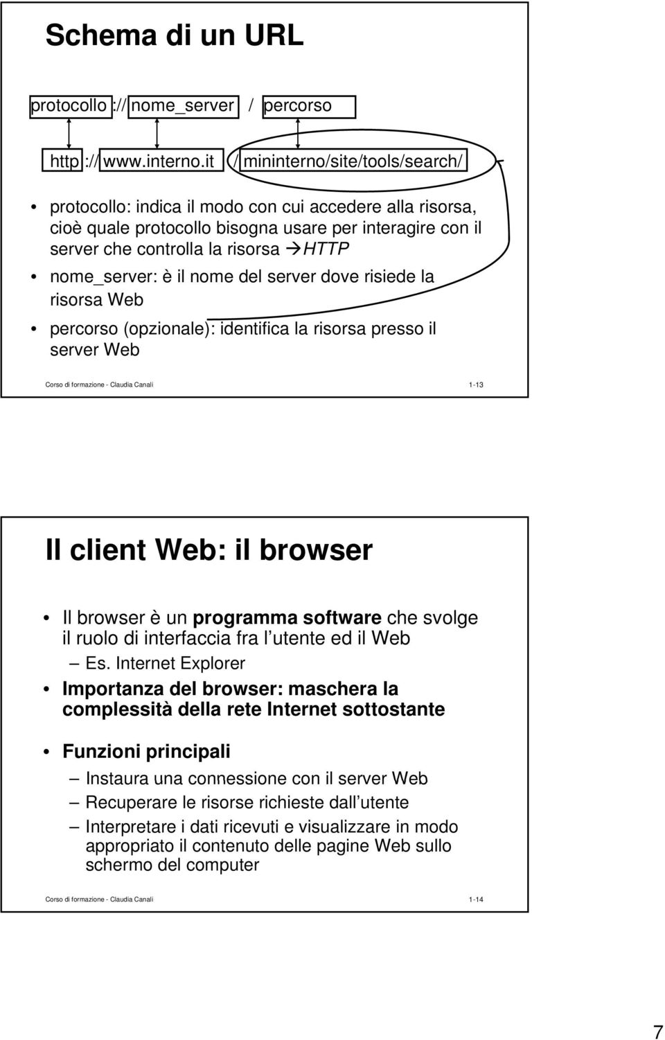 nome_server: è il nome del server dove risiede la risorsa Web percorso (opzionale): identifica la risorsa presso il server Web Corso di formazione - Claudia Canali 1-13 Il client Web: il browser Il