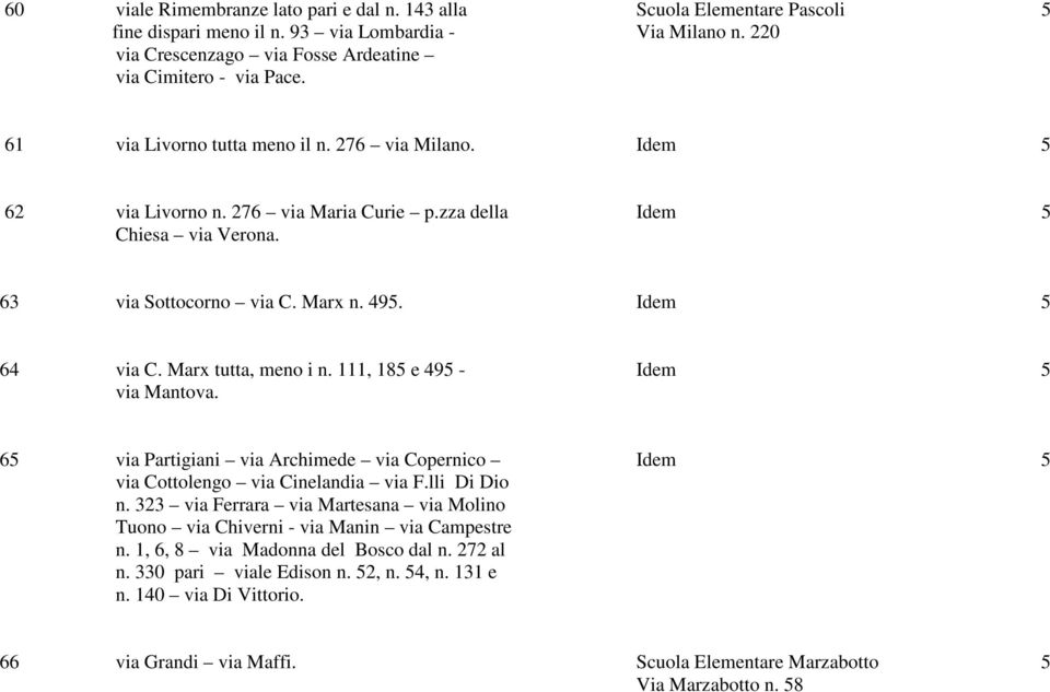 Marx tutta, meno i n. 111, 185 e 495 - Idem 5 via Mantova. 65 via Partigiani via Archimede via Copernico Idem 5 via Cottolengo via Cinelandia via F.lli Di Dio n.