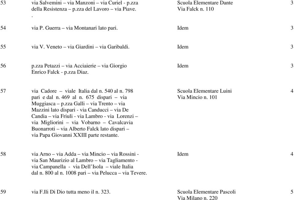 798 Scuola Elementare Luini 4 pari e dal n. 469 al n. 675 dispari via Via Mincio n. 101 Muggiasca p.
