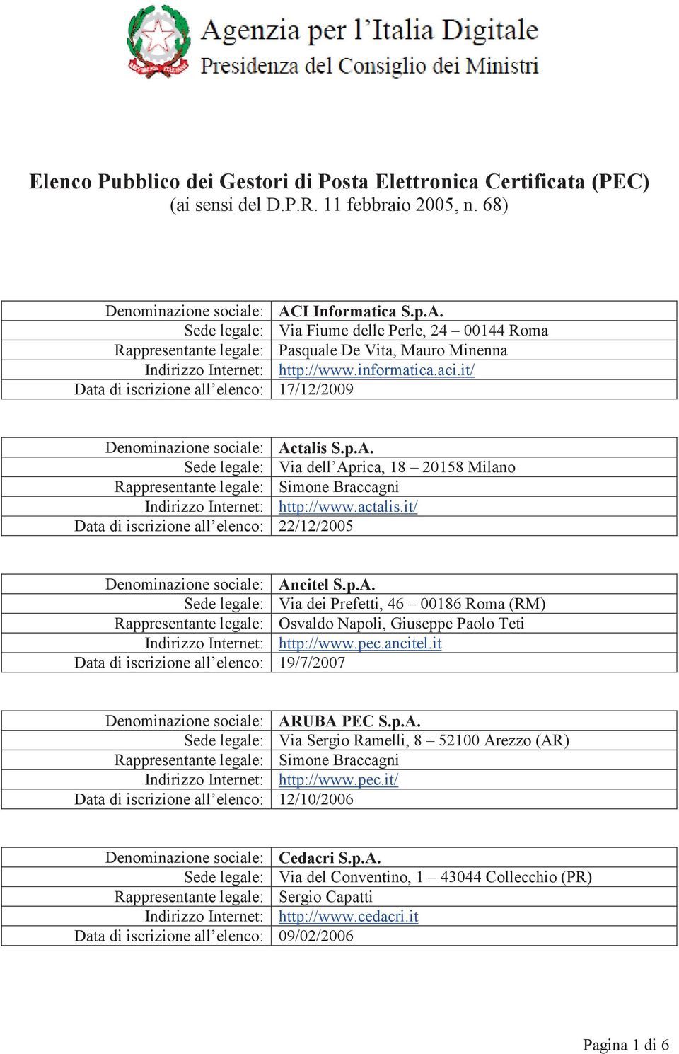 it/ Data di iscrizione all elenco: 17/12/2009 Denominazione sociale: Actalis S.p.A. Sede legale: Via dell Aprica, 18 20158 Milano Rappresentante legale: Simone Braccagni Indirizzo Internet: http://www.