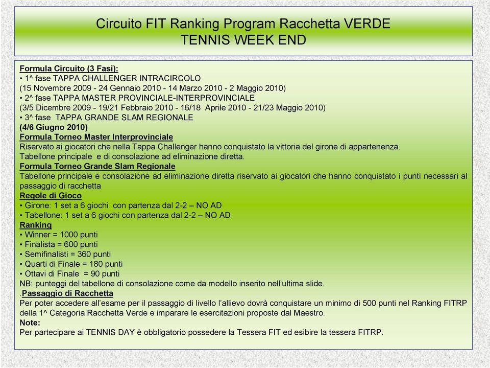 Interprovinciale Riservato ai giocatori che nella Tappa Challenger hanno conquistato la vittoria del girone di appartenenza. Tabellone principale e di consolazione ad eliminazione diretta.