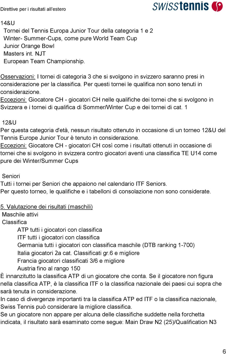 Eccezioni: Giocatore CH - giocatori CH nelle qualifiche dei tornei che si svolgono in Svizzera e i tornei di qualifica di Sommer/Winter Cup e dei tornei di cat.