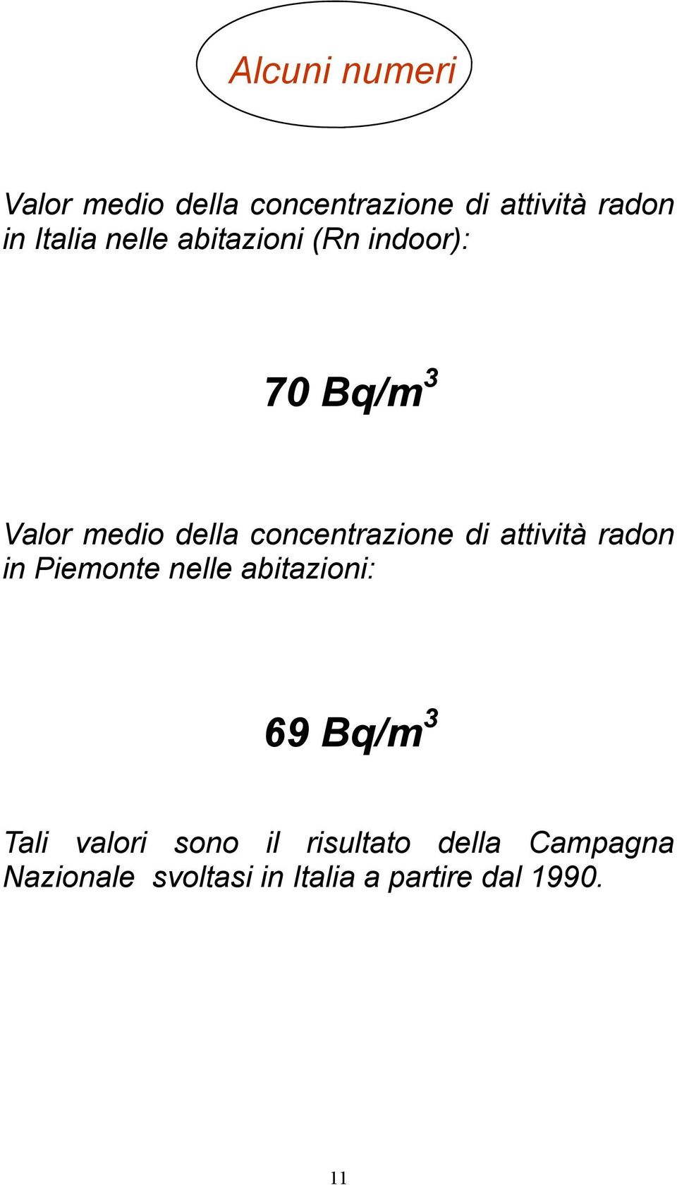 attività radon in Piemonte nelle abitazioni: 69 Bq/m 3 Tali valori sono il